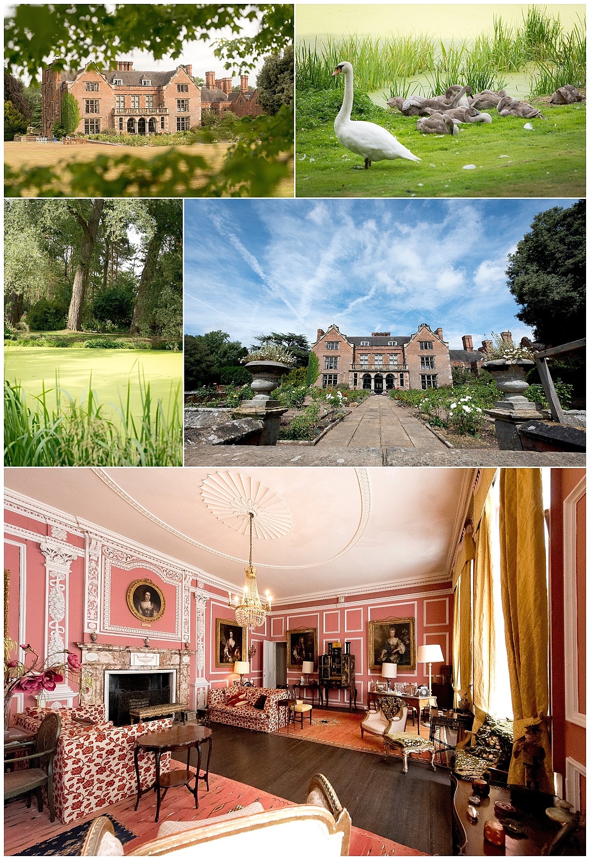 Thrumpton Hall Wedding venue- collage of different pictures in and our from Lorma and Andy's wedding. Has 4 pictures of outside (2 of building, 2 of garden) and one of inside in a pink room