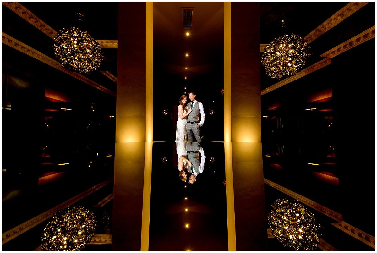 creative bride and groom portrait in the hotel
